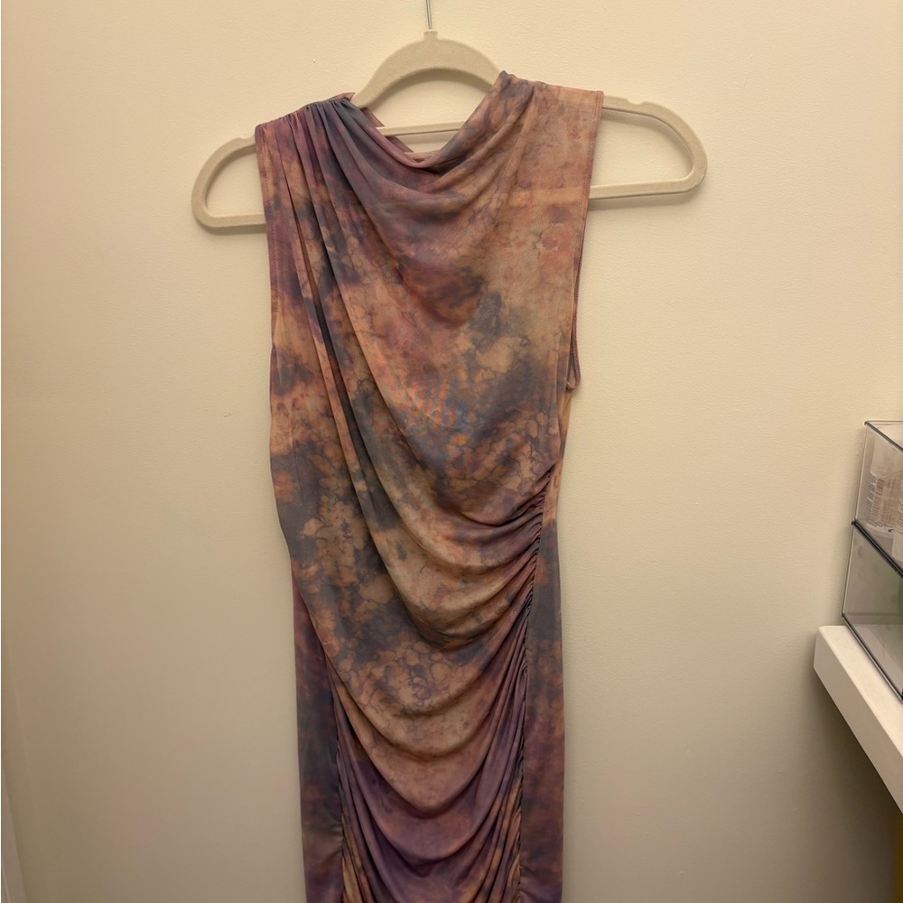 Zara One-Shoulder Draped Dress in Muted Purple and Taupe